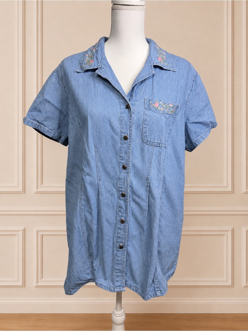 Vntg 1980s Oh! Mamma Maternity Denim Tunic Shirt L Floral Embroidered Maternity
